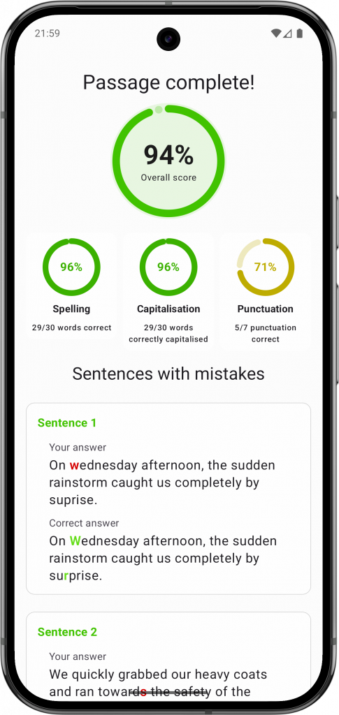 Screenshot of Spelling Boost's Results and Correction Insights showing a side-by-side spelling comparison