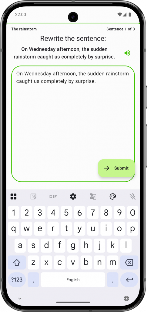 Screenshot of Spelling Boost's active correction step where the child rewrites the sentence correctly